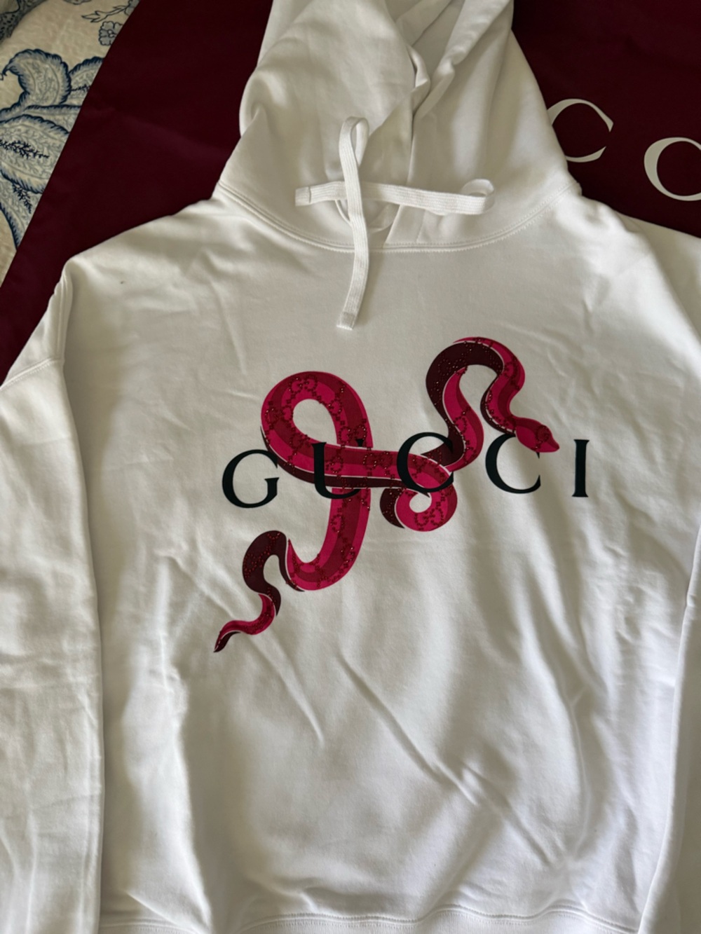 Gucci White Hoodie with Pink and Red Snake Graphic Accents M NWT